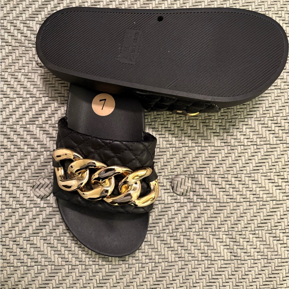 Steve Madden Black and Gold Women's Slide Sandals - Picture 2 of 2